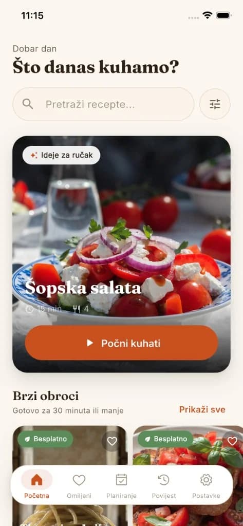 Početni zaslon s prijedlozima recepata