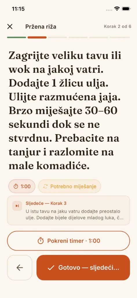Kuharski pomoćnik korak po korak tijekom recepta